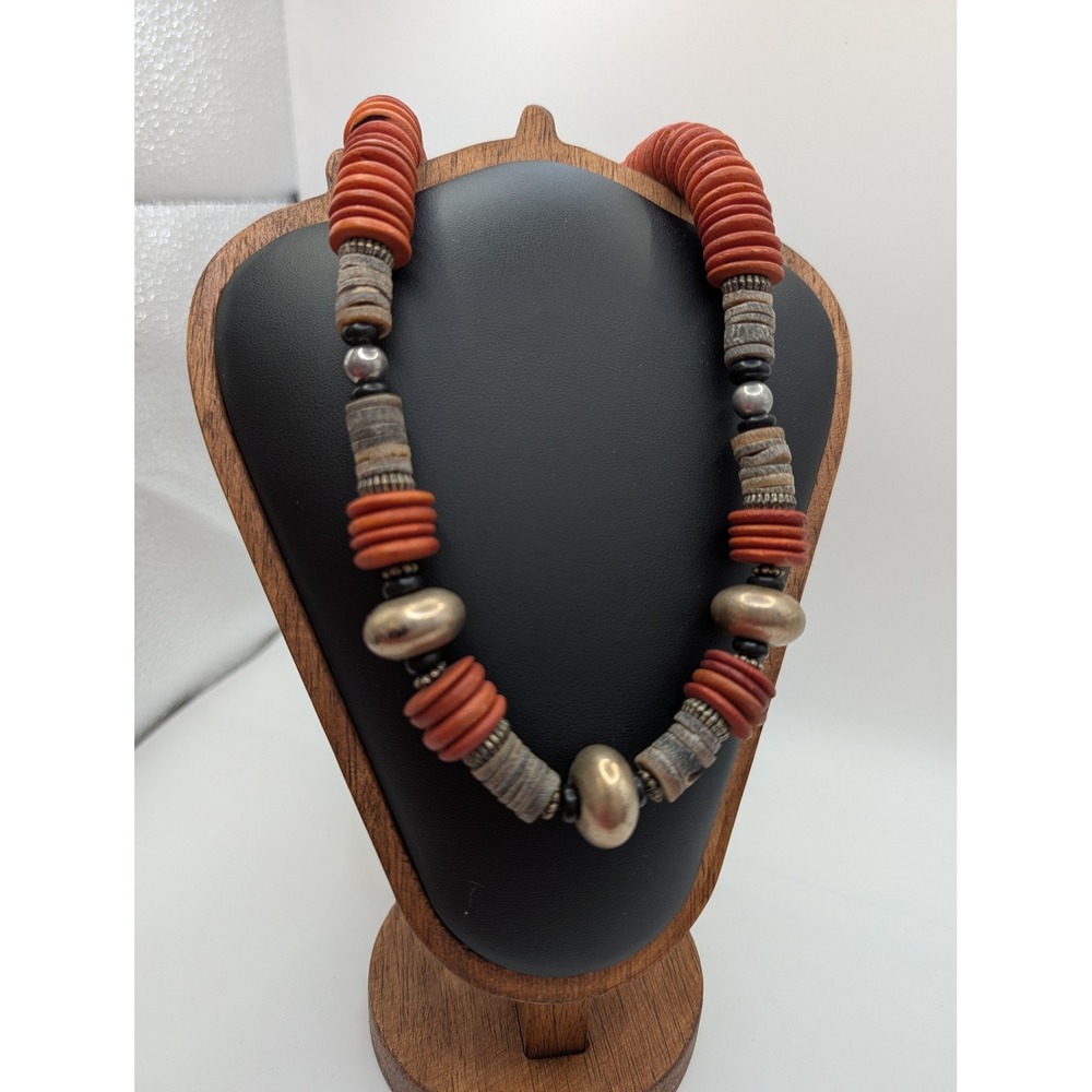 Vintage Chunky Orange Disc Bead Statement Necklace Silver Tone Global Boho